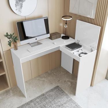 Imagem de Mesa Gamer em L com Compartimento Tampa Dobrável 91x75cm, Escrivaninha para Home Office e Escritório, Bancada Computador com Espaço Organizador (Branco)