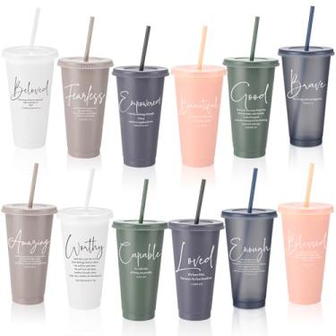 Imagem de Havawish Copo com versículo bíblico de presente cristão inspirador a granel 680 g Copos de plástico religiosos com tampa canudo para pais mãe presentes a granel igreja escola dominical (conjunto de 24