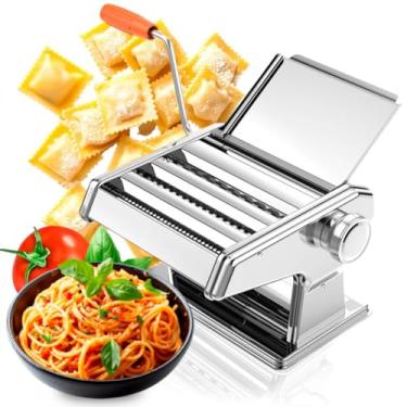 Imagem de Máquina de Macarrão Manual Inox prepara espaguete talharim lasanha ravioli e massas caseiras.
