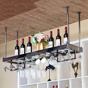 Imagem de Prateleiras de vinho de teto industriais com cabide de metal, suporte de vinho, acessórios de vinho, suporte de garrafa de cabeça para baixo, suporte de garrafa de vidro com laminado de vidro para bar
