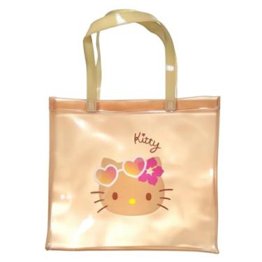 Imagem de MENBLY Kiity Bolsa de PVC – Linda estampa bronzeada Kiity – impermeável, fácil de limpar, óculos de sol de coração e hibisco – translúcida, versátil para praia, piscina, viagens, uso diário – Sacolas