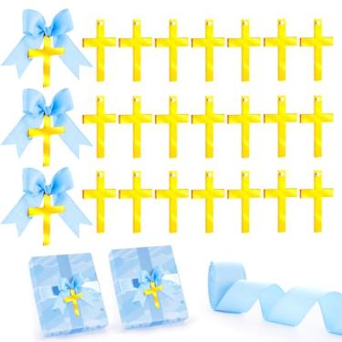 Imagem de 24 etiquetas cruzadas acrílicas para batismo, cruz, favores de batismo, cruz com fita azul, ouro acrílico, etiqueta de laço para presente para garrafas de água benta, aniversário, chá de bebê