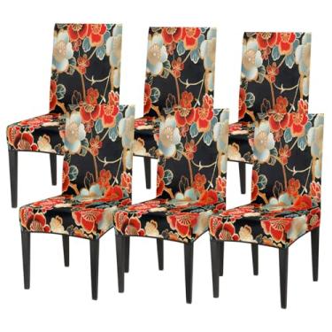 Imagem de Conjunto de 6 capas elásticas para cadeira de sala de jantar, capa protetora de assento de cadeira, flor étnica, japonesa, vento, removível, lavável, para cozinha, casa, hotel, banquete, festa de