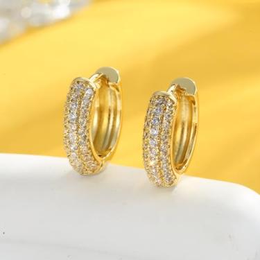 Imagem de 1 par de brincos de argola pequenos e grossos de ouro para mulheres, banhados a ouro 14 K, zircônia cúbica, leves, modernos, brincos de argola, standard, Cobre, Sem pedra preciosa