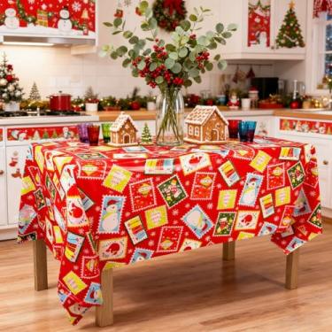 Imagem de Toalha de mesa de Natal, capa de mesa de Natal com design de boneco de neve e estampa de árvore, tecido de plástico resistente à água para decoração de festa
