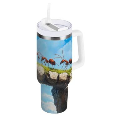 Imagem de Blueangle Copo isolado de 850 g com alça e tampa de canudo - Caneca de viagem de aço inoxidável à prova de vazamento, formigas a vácuo de parede dupla em uma garrafa de água de ponte (795)