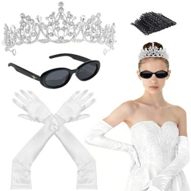 Imagem de ROPCIA Acessórios de fantasia de princesa, conjunto de roupa de princesa para mulheres, tiara branca de princesa, luvas, óculos de sol, clipe de onda reta para lembrancinhas de despedida de solteira