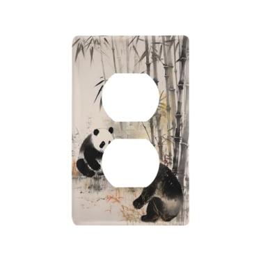 Imagem de Blueangle Placa de parede dupla de bambu panda chinês, tamanho padrão, placas de cobertura de tomada elétrica de 1 gangue para decoração de quarto de escritório em casa, 4,53 x 2,76 polegadas (234)