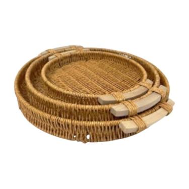 Imagem de Kit 3 Peças Bandejas Redondas em Madeira,Bandejas de Servir, Bandejas para Banheiro, Bandejas Móveis para Pia, Cestos Decorativos para Frutas Café