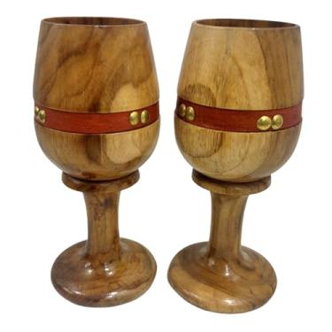 Imagem de collectiblesBuy Taça de vinho vintage de madeira conjunto com 2 tiras de couro, cálice, cálice, acessórios de cozinha, utensílios de bebida, madeira teca para vinho, bebidas