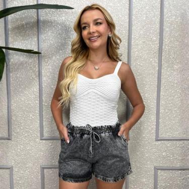 Imagem de Shorts Feminino Jeans Cordão Cós Elástico com Bolsos Tendência Verão -