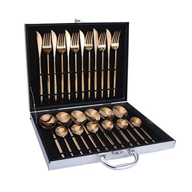 Imagem de Conjunto de Utensílios Mesa Aço Inoxidável com 24 Peças Garfo Colher Faca Talheres Cozinha Caixa Presente Pratos Minimal