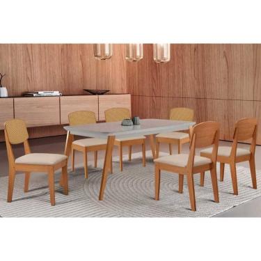 Imagem de Sala Jantar Mesa Havana Tampo c/ Vidro Curvo 180cm+6 Cadeiras Havana Naturale/Off White - Linho Bege - Rufato