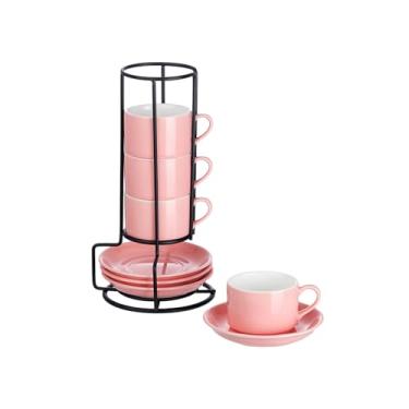 Imagem de Meichu Conjunto de 4 xícaras empilháveis de café expresso de porcelana com pires e suporte de metal, conjunto de 4 xícaras de cappuccino empilháveis, rosa Expresso Shots para café, café com leite, chá