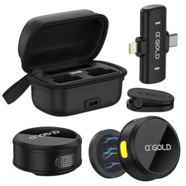 Imagem de Microfone de Lapela Duplo Sem Fio α’GOLD Premium, Case de Carregamento, 10h Bateria, Cancelamento de Ruído, Áudio Pro, Compatível com iPhone e Android USB-C, Plug & Play para Vídeos e Lives