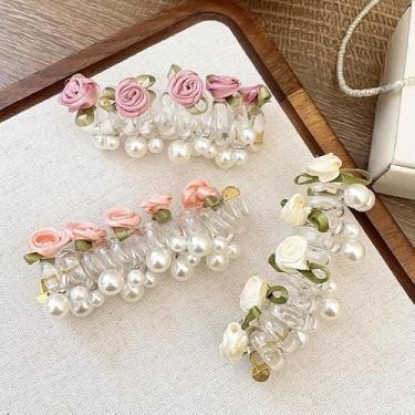 Imagem de Cordão de telefone floral para cabelo, laço de cabelo rosa com pérolas, acessórios de cabelo de primavera e verão para mulheres e meninas (3 peças)