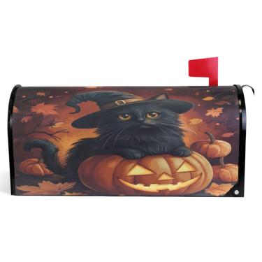 Imagem de TSENQUE Capas de caixa de correio magnéticas decorativas gato preto Halloween abóbora vinil caixa de correio wraps inverno fazenda decorações caixa de correio exterior tamanho padrão 52,6 x 45,8 cm