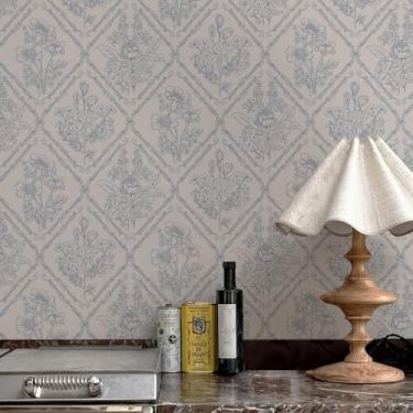 Imagem de Toduso Papel de parede vintage papel de parede boho papel de contato azul removível para cozinha, banheiro, quarto, floral, impermeável, autoadesivo, decoração de gaveta de vinil, 43,9 x 1,000 cm
