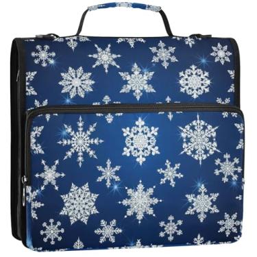 Imagem de Pastas de 3 anéis azuis com flocos de neve prateados brancos de 3,5 cm D fichário organizador com zíper com alça bolsa escolar estojo de armazenamento profissional com alça, 34,5 x 31,5 x 9 cm