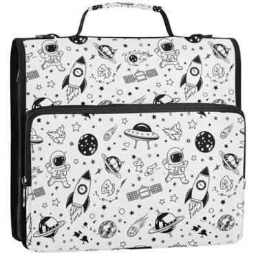 Imagem de Organizador de fichário divertido com zíper, fichários de 3,5 polegadas, 3 anéis, estojo de armazenamento de foguetes resistentes com alça para fichário do ensino médio com alça, 34,5 x 31,5 x 8,9 cm