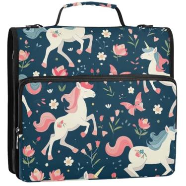 Imagem de Organizador de fichário de documentos com zíper de 3,5 polegadas, 3 fichários de unicórnio, floral, azul-marinho, portfólio e estojo, pasta de anel, bolsa escolar com alça de ombro 34,5 x 31,5 x 8,9
