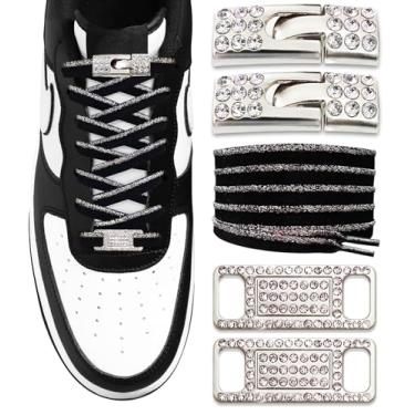 Imagem de TOPPING STYLE Cadarços elásticos sem amarração com travas de diamante brilhantes e pingentes para tênis femininos, 02 - preto - borda prateada, 105