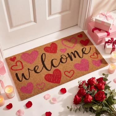 Imagem de Dunzy Tapete de porta de Dia dos Namorados Tapete de boas-vindas com padrão de coração romântico antiderrapante para entrada interna e externa, capacho de fibra sintética para presente de São Valentim