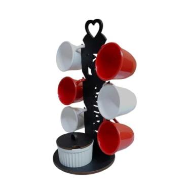 Imagem de Suporte para 6 Xícaras com Açucareiro – Madeira MDF, Organizador de Cozinha para Cantinho do Café, Ideal para Armazenamento e Decoração Doméstica (S/PRETO C/6XC VM/PT/BR - R/BR)