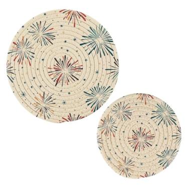 Imagem de Wassud Suportes de panela redondos coloridos de fogos de artifício trivets de algodão almofadas quentes porta-copos elegantes decoração de cozinha e acessórios 2 peças