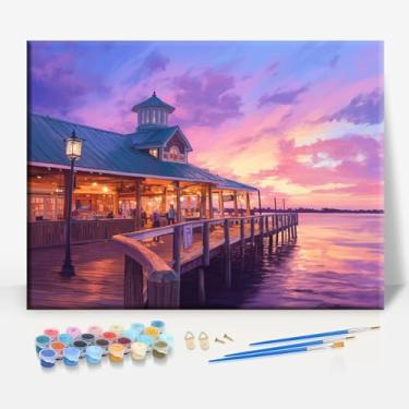 Imagem de HUINORYA Fairhope PIER Alabama Tela emoldurada DIY Kit de pintura por números bar café caverna casa de banho parede banheiro varanda pátio decoração presente, 40,6 x 30,5 cm