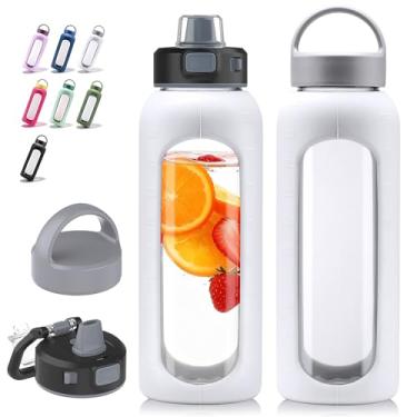 Imagem de Kodrine Garrafa de água de vidro motivacional de vidro borossilicato com canudo e 2 tampas, manga de silicone, marcador de tempo, lavável na lava-louças e livre de BPA para viagens, esportes