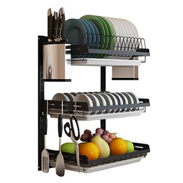 Imagem de Escorredor de louça, cozinha, pendurar na parede, escorredor de louça, preto, antiferrugem, 201, aço inoxidável, organizador de utensílios de mesa com suporte de faca para pauzinhos, 3 ganchos (2