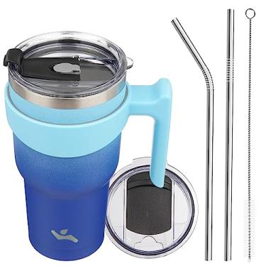 Imagem de Konokyo Copo de 850 g com alça e 2 canudos 2 tampas, garrafa de água isolada copo a vácuo de aço inoxidável caneca reutilizável de viagem, Sky