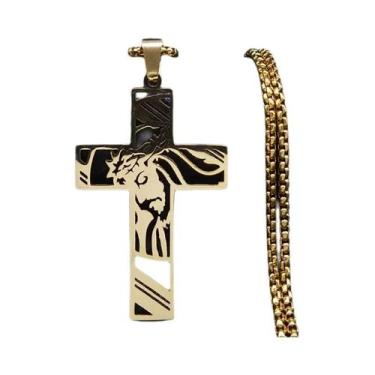 Imagem de Colar Masculino Punk Com Coroa E Cruz Banhado a Ouro, Corrente De Aço 