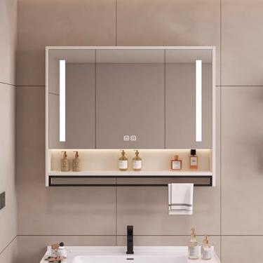 Imagem de Armário de remédios de LED inteligente – espelho de parede de madeira maciça com suporte antiembaçamento, rack aberto e barra de toalha – solução de armazenamento de banheiro elegante com reflexo HD e