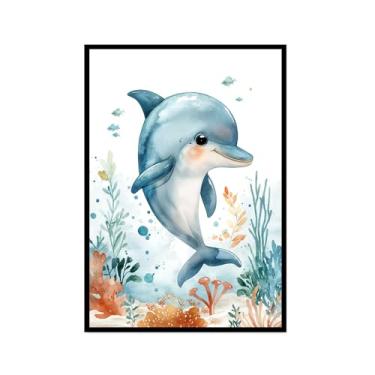 Imagem de Impressão de berçário de animais oceânicos desenho animado tartaruga marinha baleia pôster aquarela animais marinhos pintura em tela decoração de parede quarto infantil (SKU2,16x24") (40 x 60 cm