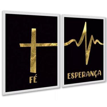 Imagem de Kit 2 Quadros Fé Esperança - Preto Com Dourado 24X18Cm