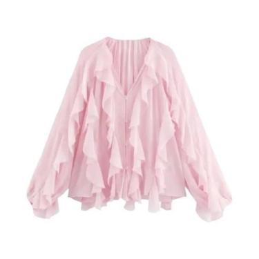 Imagem de Blusa Feminina Casual De Primavera Com Babados, Decote Em V, Renda E R