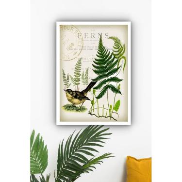 Imagem de Quadro Decorativo Pássaro Samambaias Vintage  - 70x50cm