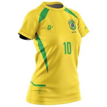 Imagem de Camiseta Baby Look Filtro UV Brasil Canarinho Amarelo Torcedor Retrô Penta-Feminino