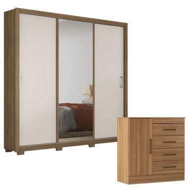 Imagem de Cômoda Montevidéu e Guarda Roupa Casal Residence Amêndola Off White com Pés - Demóbile