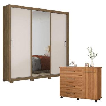 Imagem de Cômoda Flora e Guarda Roupa Casal Residence Amêndola Off White com Pés - Demóbile