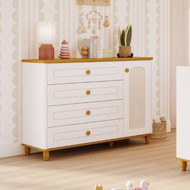 Imagem de Cômoda de Bebê com 4 Gavetas 1 Porta Bala de Coco Expresso Móveis Branco/Marrom