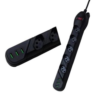 Imagem de Filtro de linha 5 tomadas e 3 usb preto qualitronix