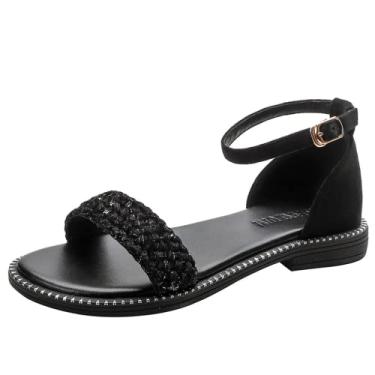 Imagem de Sandálias de salto plano para mulheres verão todos os jogos sapatos de fada verão preto tecido uma palavra sapatos romanos, Preto, 35 BR