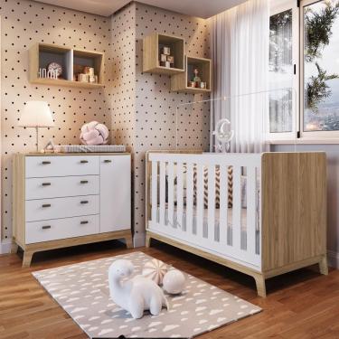 Imagem de Kit Conjunto Quarto Infantil Berço Para Bebê 3 em 1 Cômoda 4 Gavetas 1 Porta 3 Nichos Branco Marrom