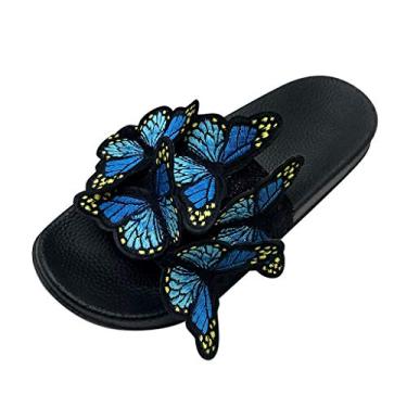 Imagem de Chinelos femininos moda casual borboleta dedo aberto ao ar livre sapatos de praia chinelos para mulheres dedo aberto ao ar livre (azul, 9)
