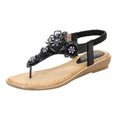 Imagem de Chinelos femininos de verão praia cristal flip pérola sapatos casuais femininos flor arco suporte chinelos mulheres tamanho 9, Preto, 10