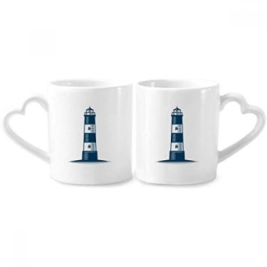 Imagem de Conjunto de canecas de porcelana para casais no oceano militar de navegação do farol com alça de coração