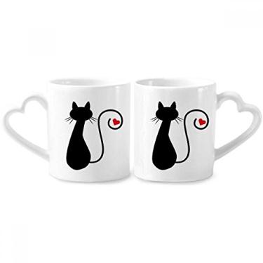 Imagem de Conjunto de canecas de porcelana para casais de animais com coração gato sentado Sihouette conjunto de canecas de cerâmica para amantes de coração
